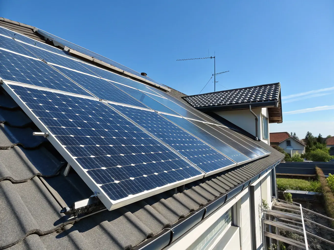 A close-up shot of a Panasonic solar panel installed on a rooftop, showcasing its sleek design and high efficiency.